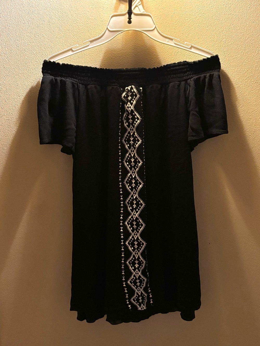 Speechless Black Off-Shoulder Tunic or Minidress with White Embroidery